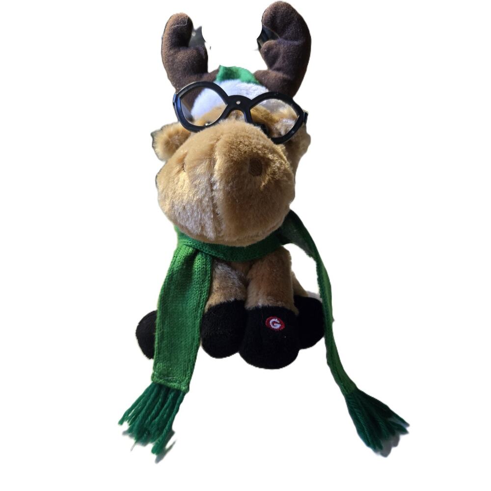 Gemmy Plush Tan Moose Animated Holiday Scarf Glasses Santa Hat Festive